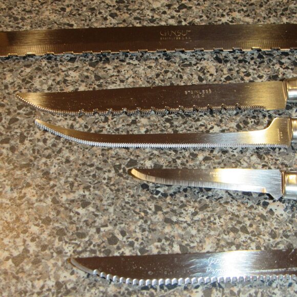 Set of 10 Vintage Ginsu Stainless Serrated Knife Knives USA Brown Handle Steak - Picture 5 of 6